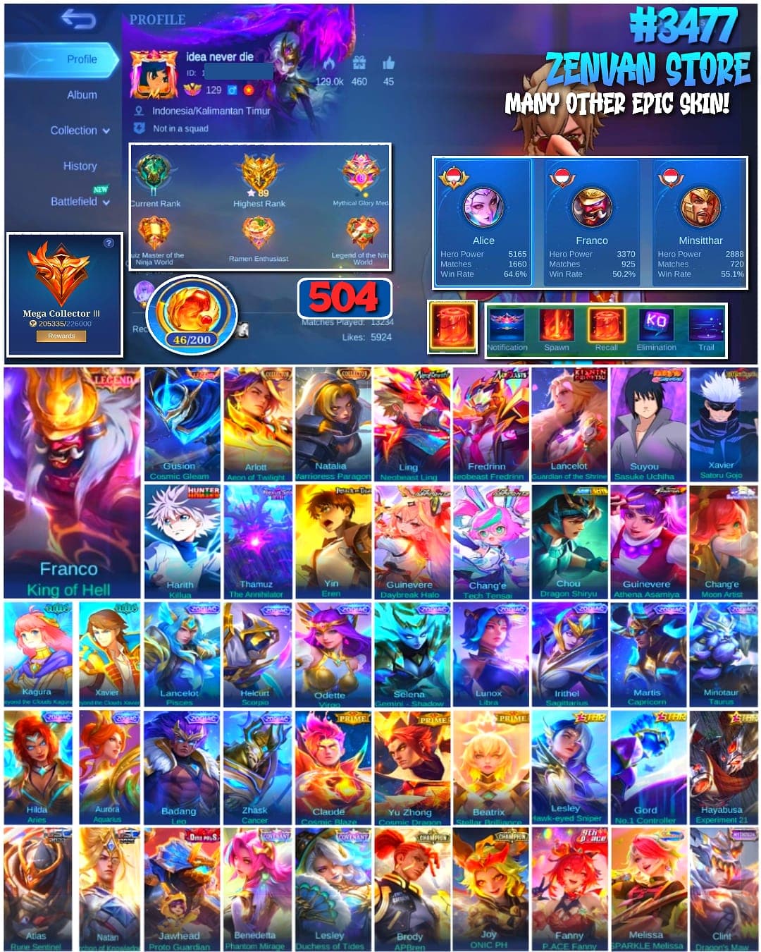 #3477 🔥 504 Skins 🔥 Legend Franco & Gusion 🔥 Collector Arlott & Natalia 🔥 Neobeast Ling & Fredrinn 🔥 Many Limited 🔥 Many Zodiacs 🔥 Many Epic 🔥 Safe Account ✅