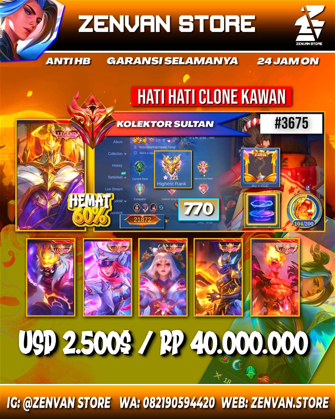 #3675 🔥 770 Skins 🔥 Stardom Border 🔥 8 Legends 🔥 13 Collectors 🔥 Full Attack on Titan 🔥 Naruto Trio 🔥 HxH Trio 🔥 Many Limited 🔥 Many Zodiacs 🔥 Many Epic 🔥 Safe Account ✅
