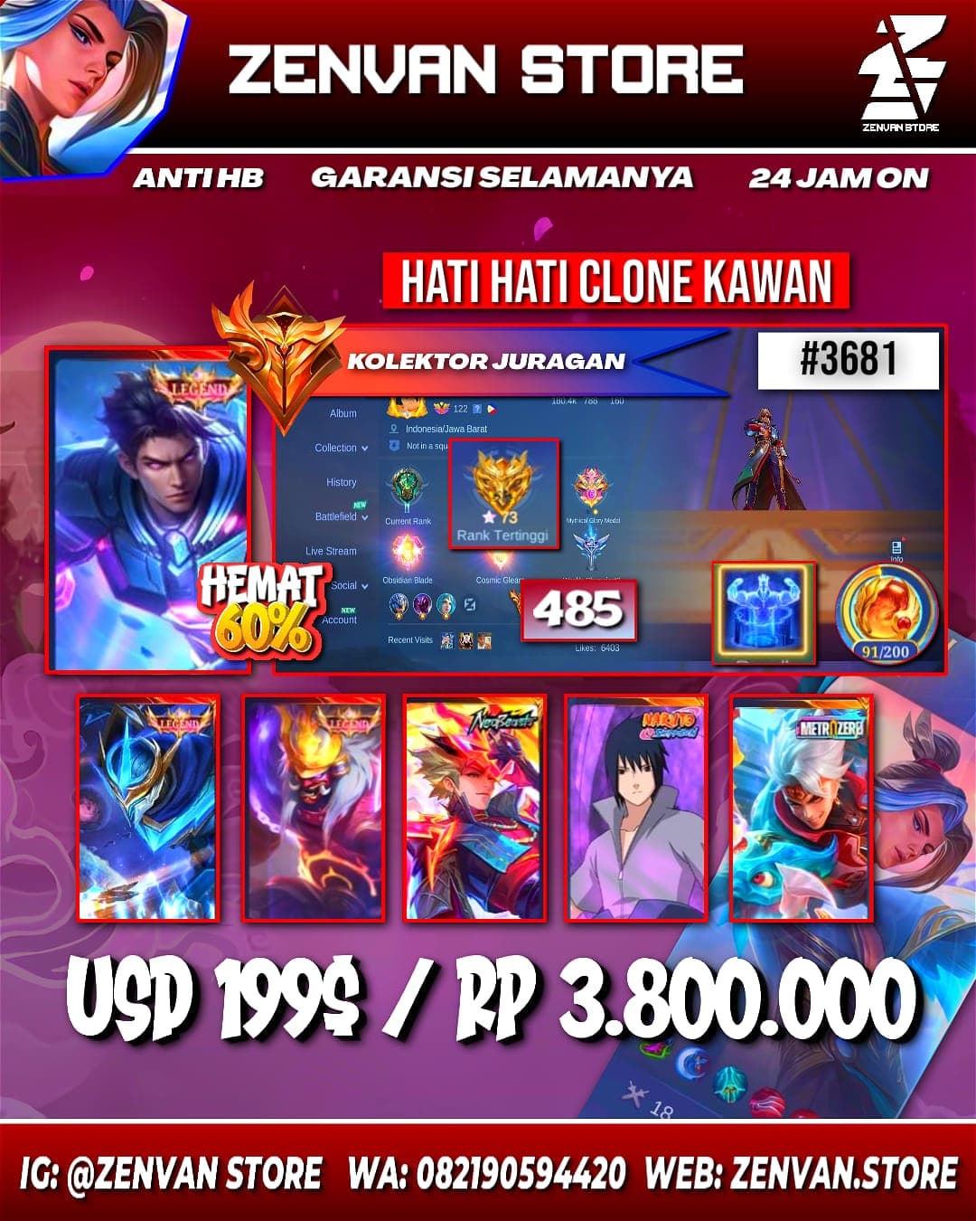 Foto akun ML #3681 🔥 485 Skins 🔥 2 Legends 🔥 Collector Natalia 🔥 Neobeast Ling 🔥 Sasuke 🔥 Zenith Selena 🔥 Aspirant Vexana & Fanny 🔥 StarWars Argus 🔥 Full Clouds 🔥 Prime Yu Zhong & Beatrix 🔥 KoF Chou, Gu - gambar 1