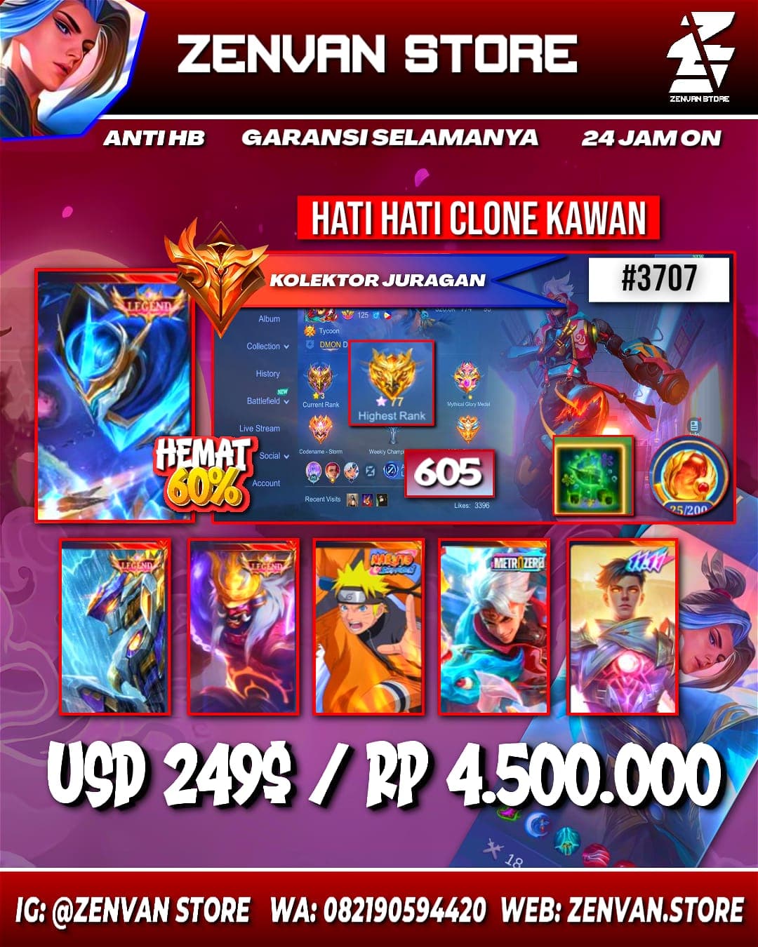 Foto akun ML #3707 🔥 605 Skins 🔥 3 Legends 🔥 2 Collectors 🔥 Naruto 🔥 StarWars Argus 🔥 Transformers Trio 🔥 Prime Beatrix, Yu Zhong & Claude 🔥 Sanrio Angela & Floryn 🔥 KoF Dyroth & Karina 🔥 11.11 Gusion 🔥 - gambar 1