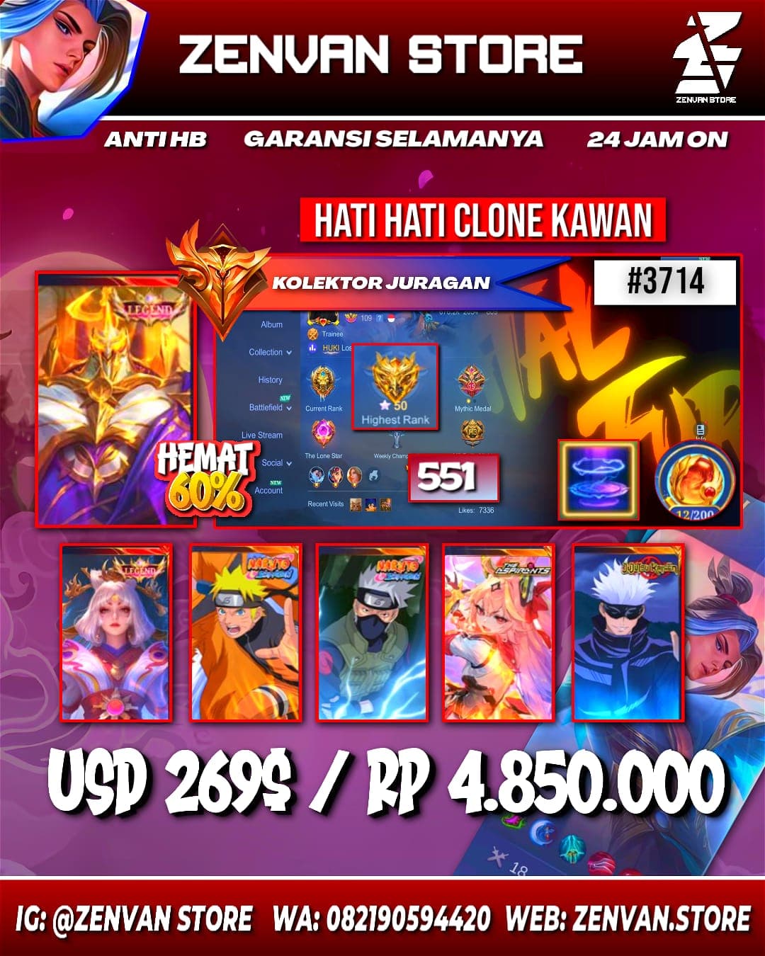 Foto akun ML #3714 🔥 551 Skins 🔥 2 Legends 🔥 2 Collectors 🔥 Neobeast Fredrinn 🔥 Naruto & Kakashi 🔥 Jujutsu Kaisen Gojo 🔥 Ducati Irithel 🔥 Exorcist Yu Zhong & Hayabusa 🔥 Prime Claude, Beatrix & Yu Zhong 🔥 - gambar 1