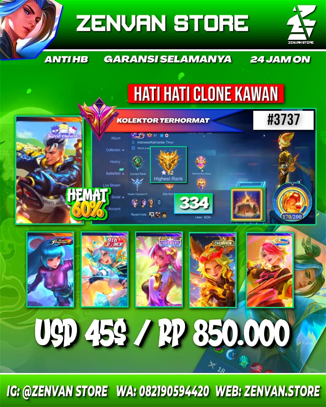 #3737 🔥 334 Skins 🔥 Sanrio Claude & Floryn 🔥 KoF Karina & Aurora 🔥 Many Limited 🔥 Many Zodiacs 🔥 Many Epic 🔥 Safe Account ✅