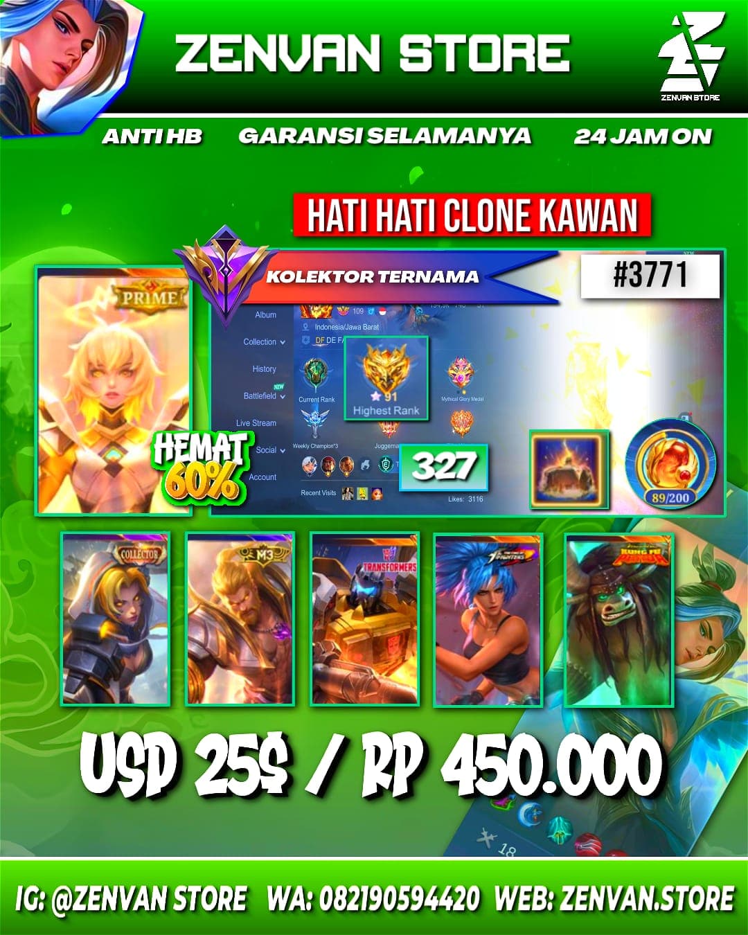 #3771 🔥 327 Skins 🔥 Collector Natalia 🔥 Prime Beatrix 🔥 Transformers Roger 🔥 KoF Karina 🔥 Many Limited 🔥 Many Epic 🔥 Safe Account ✅