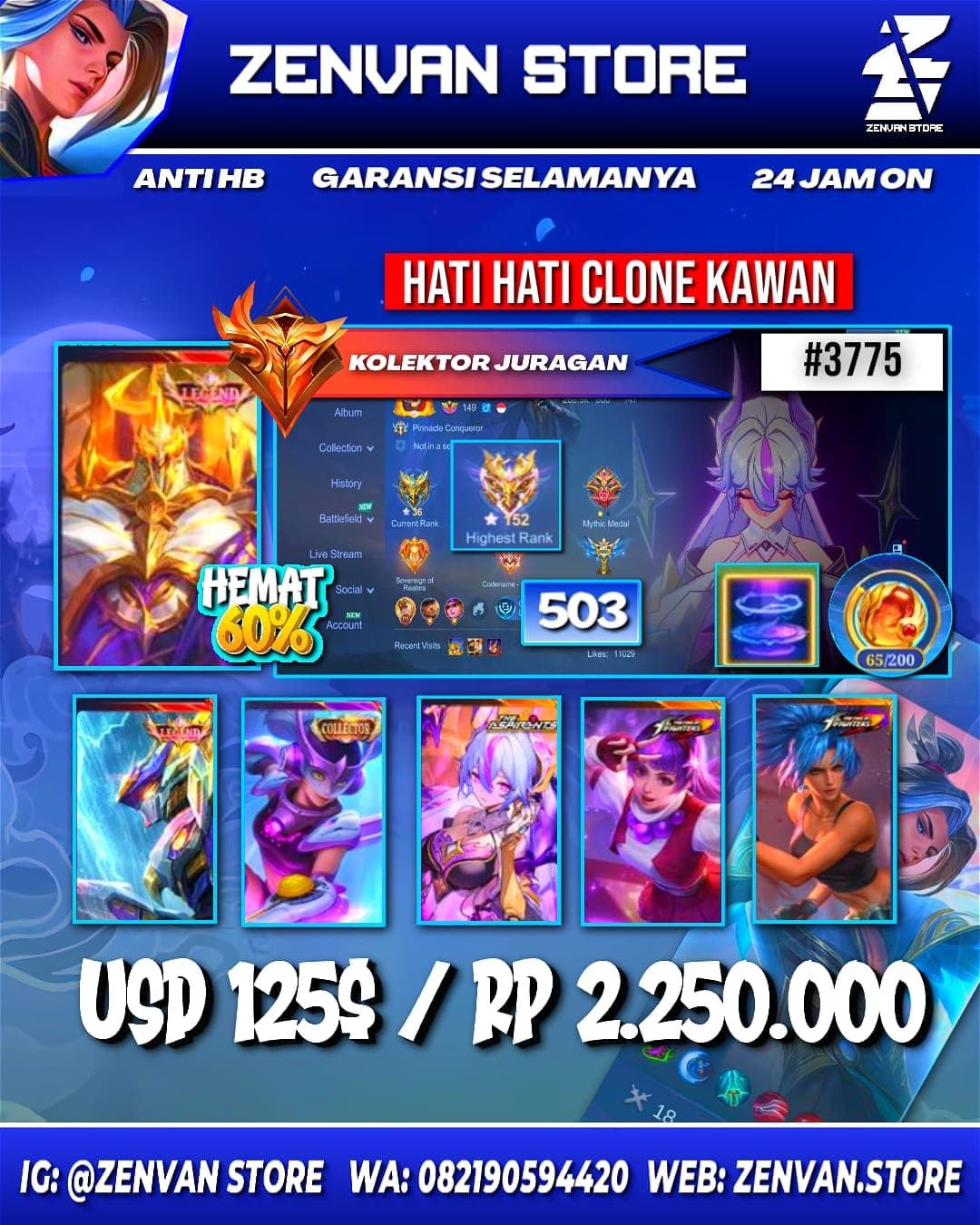 #3775 🔥 503 Skins 🔥 Legends Jhonson & Saber 🔥 Collectors Wanwan & Natalia 🔥 Aspirant Vexana 🔥 Prime Granger, Beatrix & Claude 🔥 Transformers Roger 🔥 KoF Guinevere & Karina 🔥 SpongeBob 🔥 Many