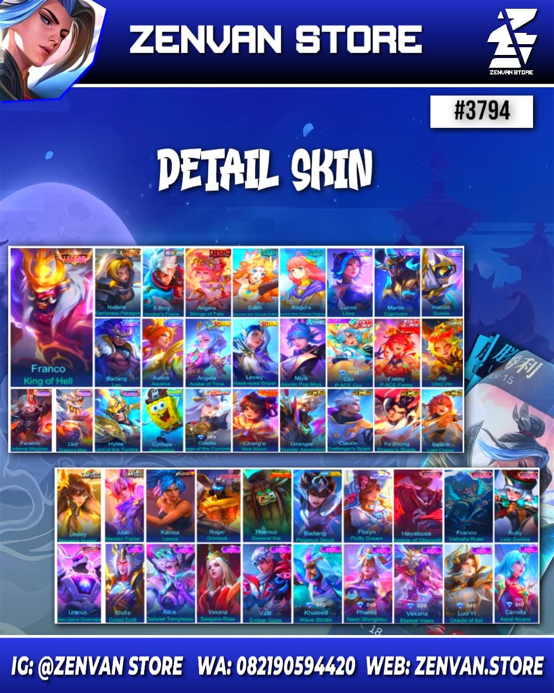 Foto akun ML #3794 🔥 469 Skins 🔥 Legend Franco 🔥 Collector Natalia 🔥 Zero X Borg 🔥 Kinshin Angela 🔥 Clouds Edith & Kagura 🔥 SpongeBob 🔥 KoF Karina 🔥 Many Limited 🔥 Many Zodiacs 🔥 Many Epic 🔥 Safe Accou - gambar 1