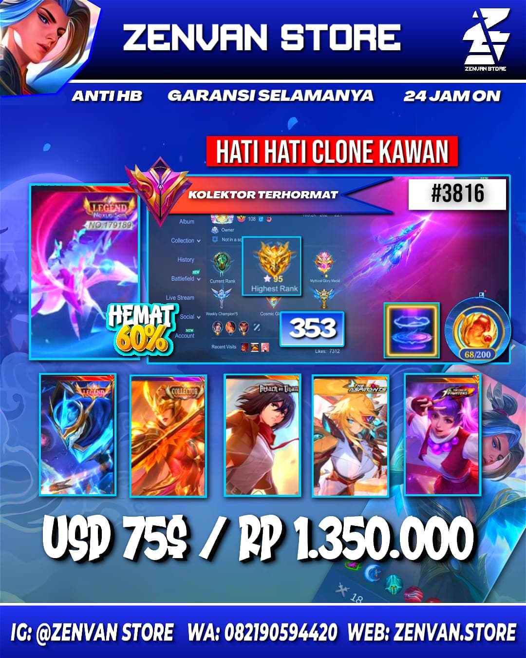 #3816 🔥 353 Skins 🔥 Legends Layla & Gusion 🔥 Collectors Pharsa & Natalia 🔥 Attack on Titan Mikasa 🔥 Aspirant Lesley 🔥 Stun Selena 🔥 M-World Ling 🔥 Transformers Roger & X Borg 🔥 KoF Dyroth, Gu