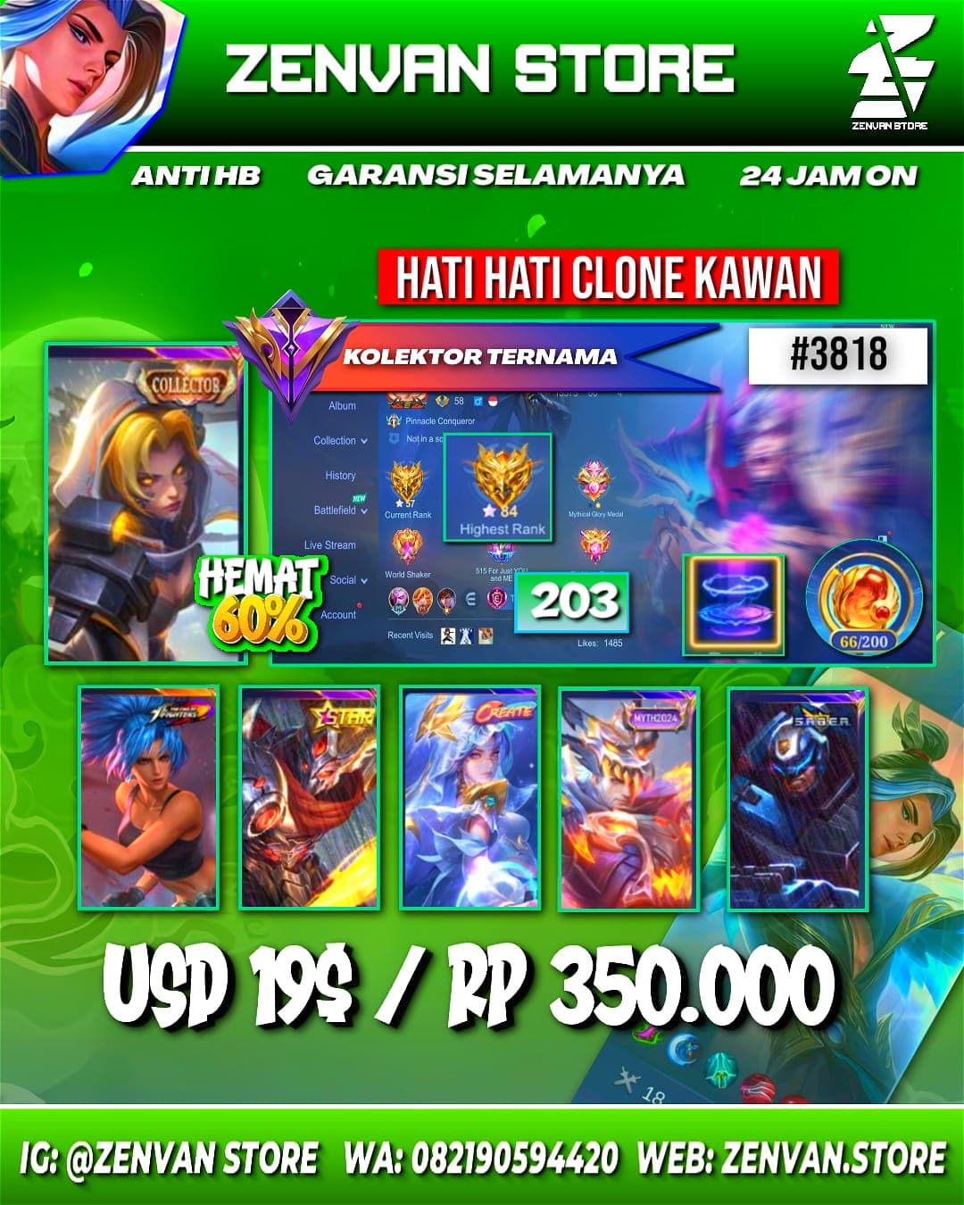 #3818 🔥 203 Skins 🔥 Collector Natalia 🔥 Stun Chou 🔥 SpongeBob 🔥 KoF Karina 🔥 Many Epic 🔥 Safe Account ✅