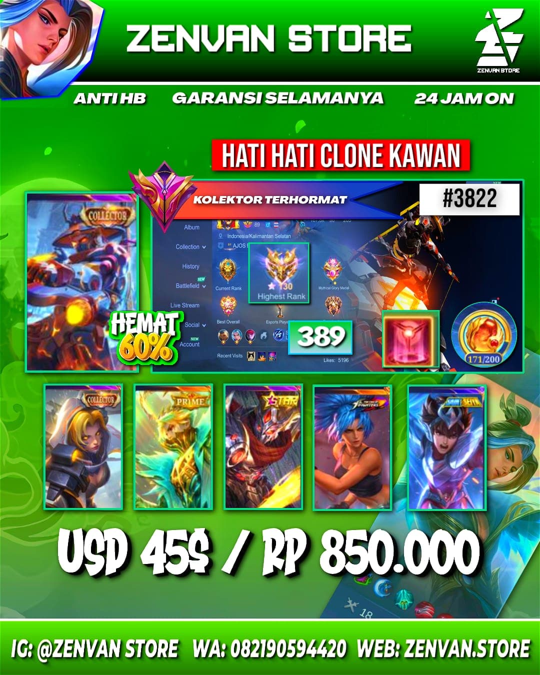 #3822 🔥 389 Skins 🔥 Collectors Yin Sun Shin & Natalia 🔥 Prime Granger 🔥 SpongeBob 🔥 KoF Karina 🔥 Many Limited 🔥 Many Zodiacs 🔥 Many Epic 🔥 Safe Account ✅