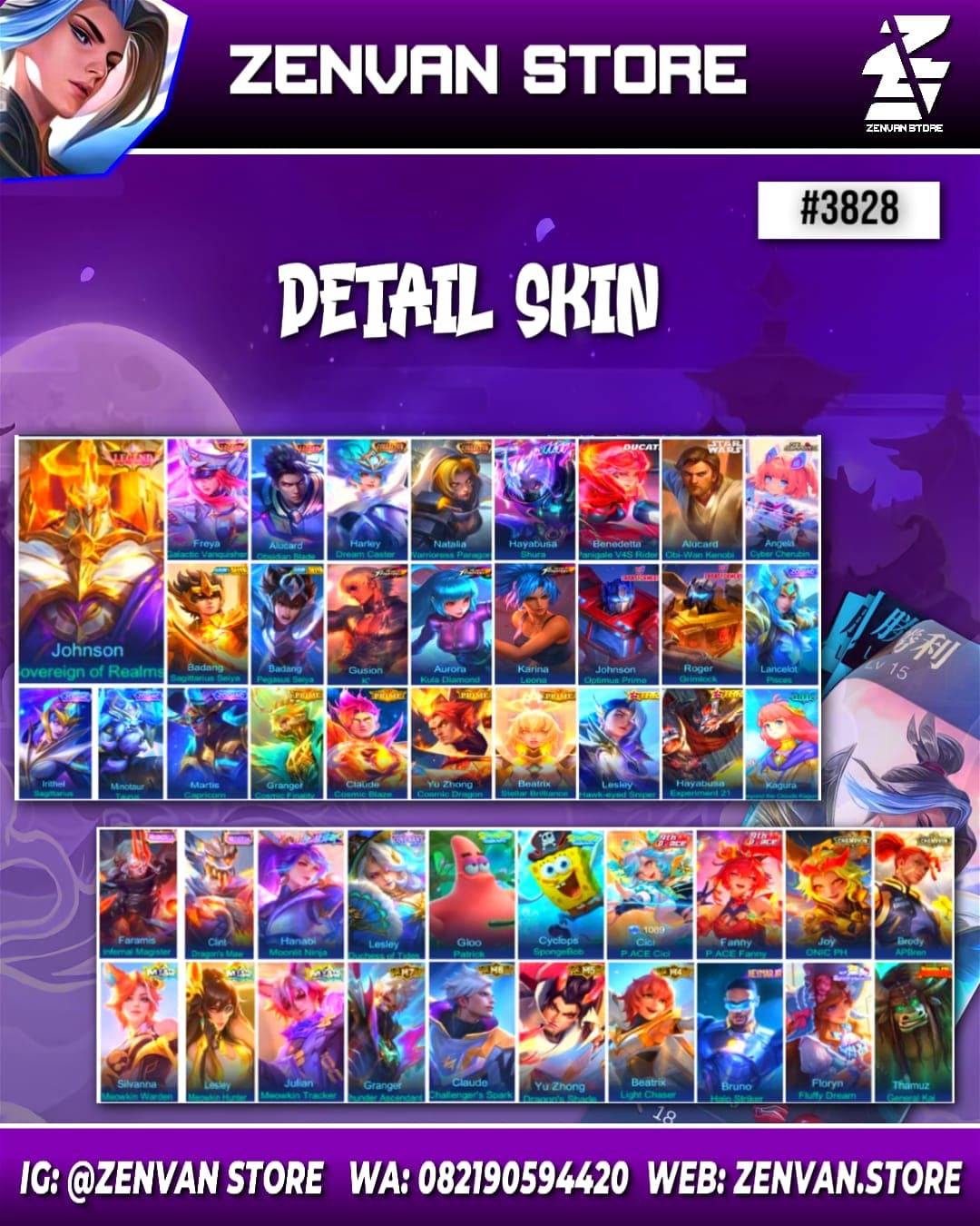 Foto akun ML #3828 🔥 553 Skins 🔥 Legends Jhonson, Freya & Alucard 🔥 Collector Harley & Natalia 🔥 11.11 Hayabusa 🔥 Ducati Benedetta 🔥 Star Wars Alucard 🔥 Aspirant Angela - gambar 1