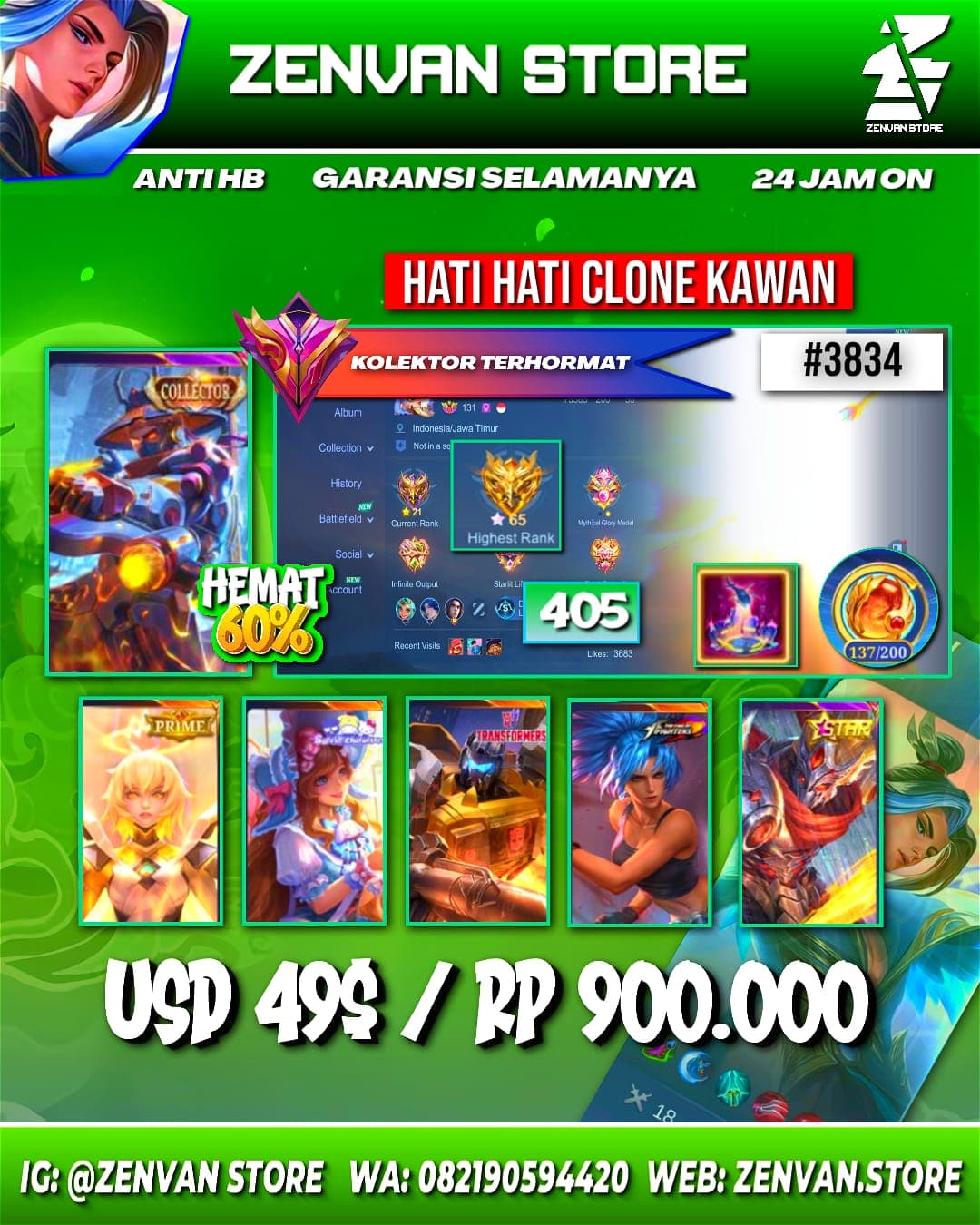 #3834 🔥 405 Skins 🔥 Collector Yin Shun Shin & Natalia 🔥 Prime Beatrix 🔥 SpongeBob 🔥 KoF Karina 🔥 Transformer Roger 🔥 Many Limited 🔥 Many Zodiac 🔥 Many Epic 🔥 Safe Account ✅