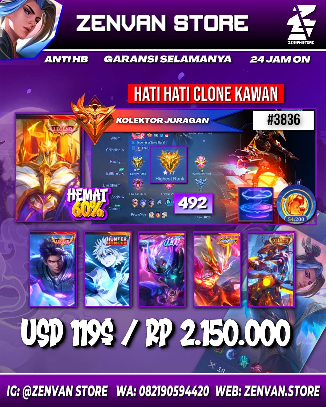 #3836 🔥 492 Skins 🔥 Legend Jhonson & Alucard 🔥 Collector Yin Shun Shin & Natalia 🔥 Hunter X Hunter Killua 🔥 11.11 Hayabusa 🔥 Internal Moskov 🔥 Transformer Aldous & Roger 🔥 KoF Dyroth, Guinever