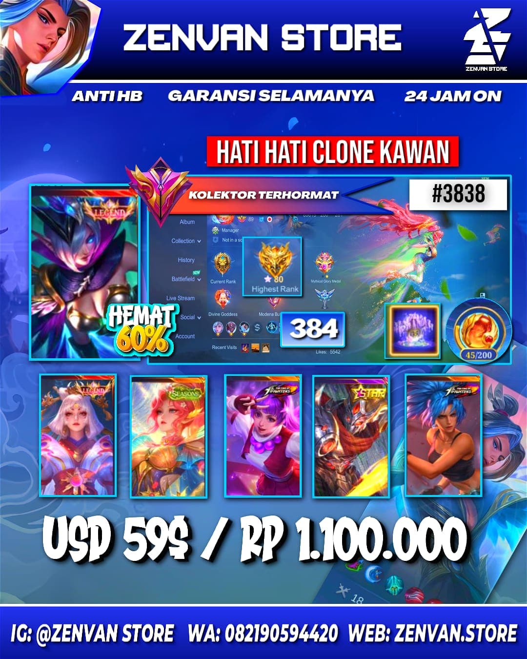 #3838 🔥 384 Skins 🔥 Legend Lunox & Miya 🔥 Collector Pharsa 🔥 KoF Guinevere & Karina 🔥 Clouds Kagura 🔥 M World Wanwan 🔥 Transformer Roger 🔥 Many Limited 🔥 Many Zodiac 🔥 Many Epic 🔥 Safe Acco