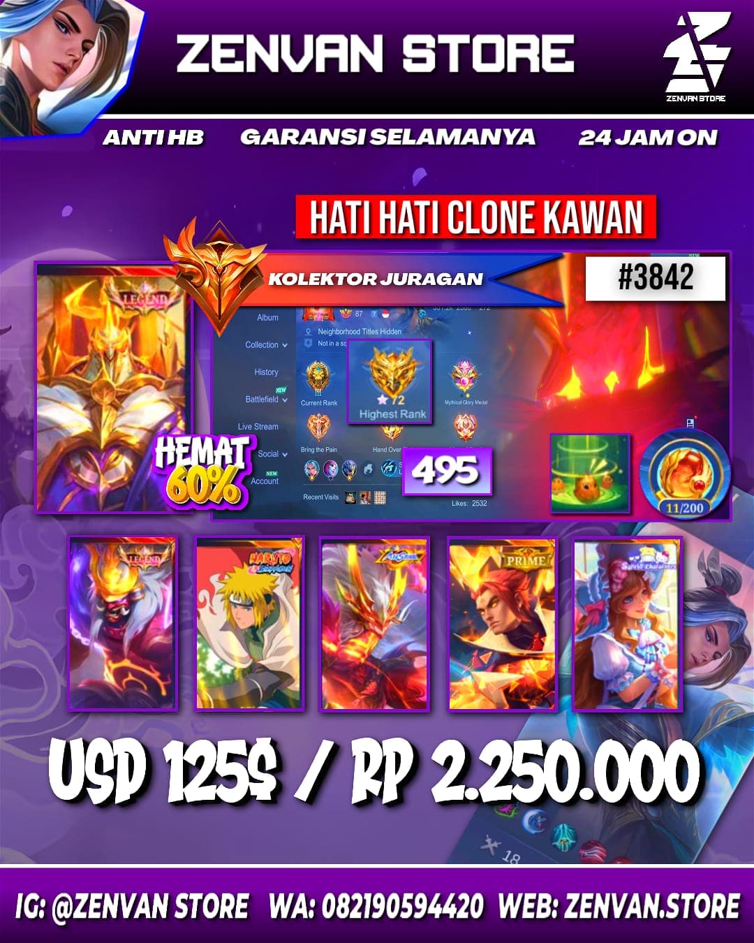 Foto akun ML #3842 🔥 495 Skins 🔥 Legend Jhonson & Franco 🔥 Collector Natalia 🔥 Minato 🔥 Internal Moskov 🔥 Clouds Kagura 🔥 Prime Claude & Yu Zhong 🔥 KoF Karina 🔥 Transformer Roger 🔥 Many Limited 🔥 Many Z - gambar 1