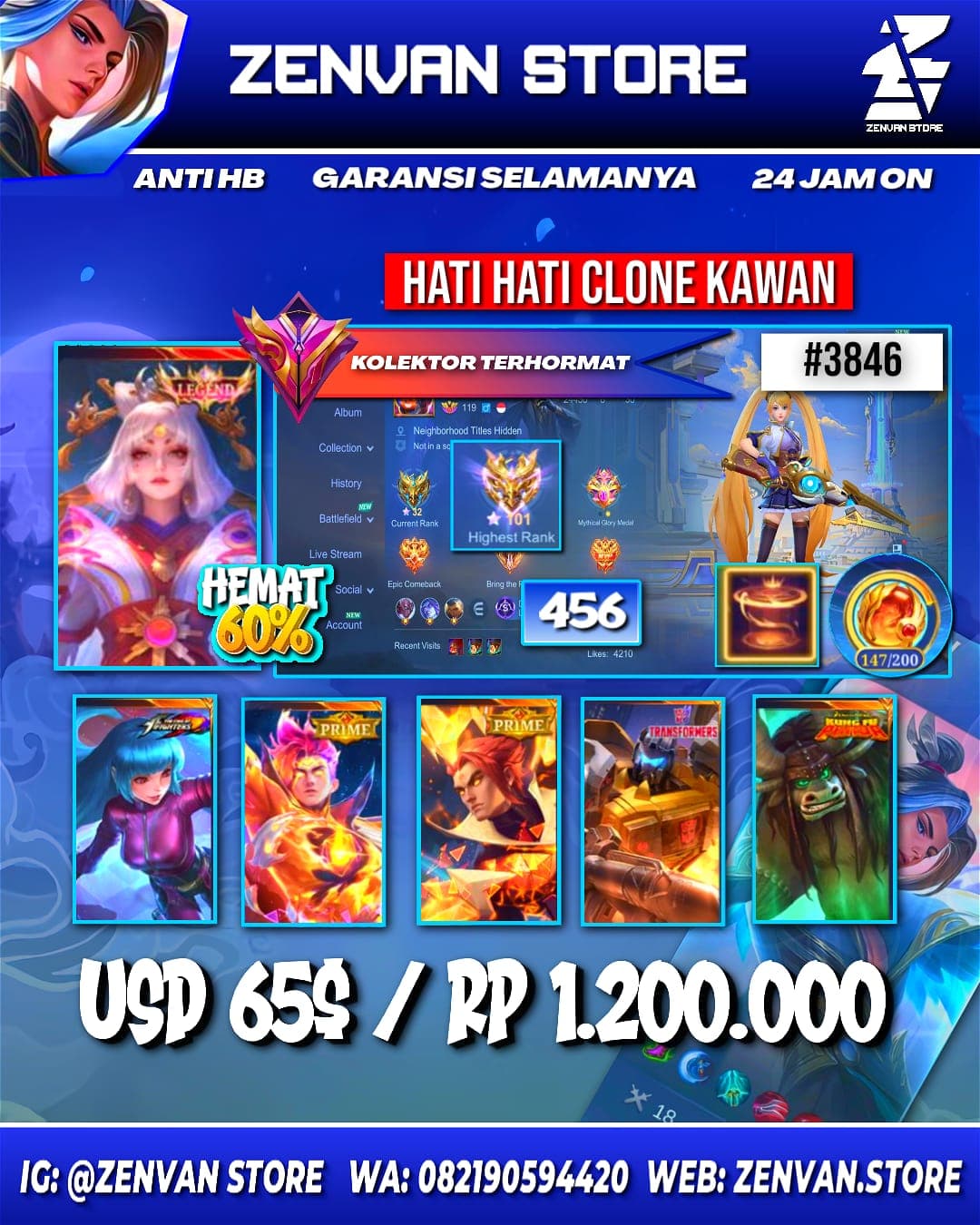 Foto akun ML #3846 🔥 456 Skins 🔥 Legend Lunox 🔥 Collector Natalia 🔥 KoF Aurora & Karina 🔥 Prime Claude, Yu Zhong & Beatrix 🔥 Stun Chou 🔥 M World Wanwan - gambar 1