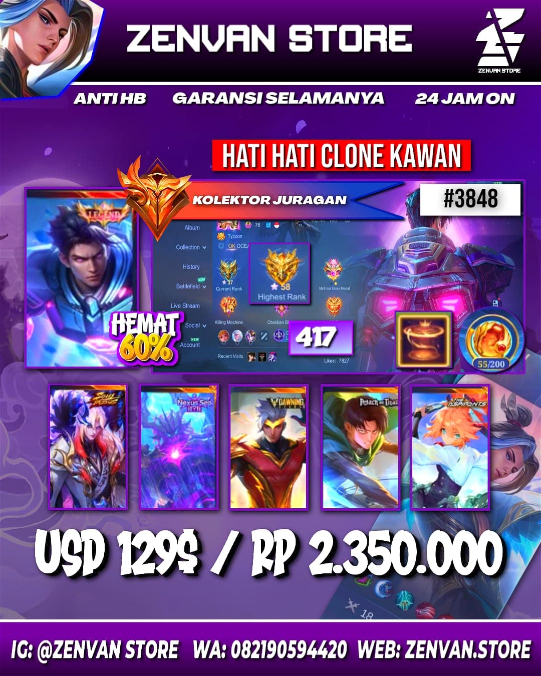 Foto akun ML #3848 🔥 417 Skins 🔥 Legend Alucard 🔥 Collector Natalia 🔥 Soul Valls Cecilion 🔥 Drawing Chou 🔥 11.11 Thamuz 🔥 - gambar 1
