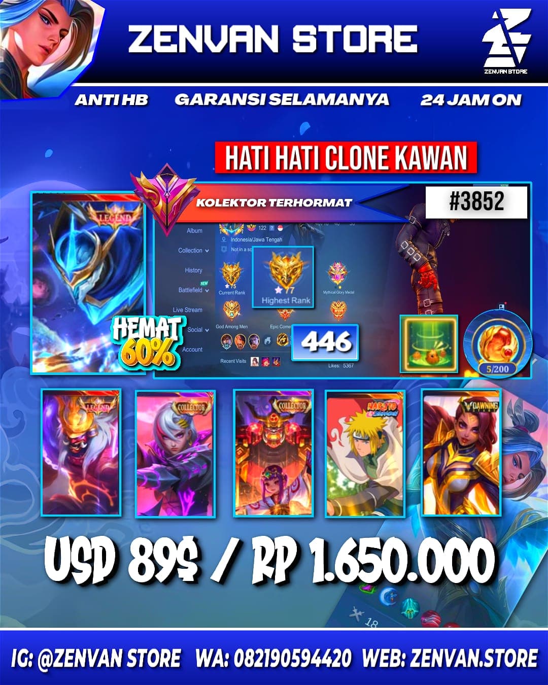 Foto akun ML #3852 🔥 446 Skins 🔥 Legend Franco & Gusion 🔥 Collector Jawhead, Benedetta & Natalia 🔥 Minato 🔥 Drawing Esmeralda - gambar 1