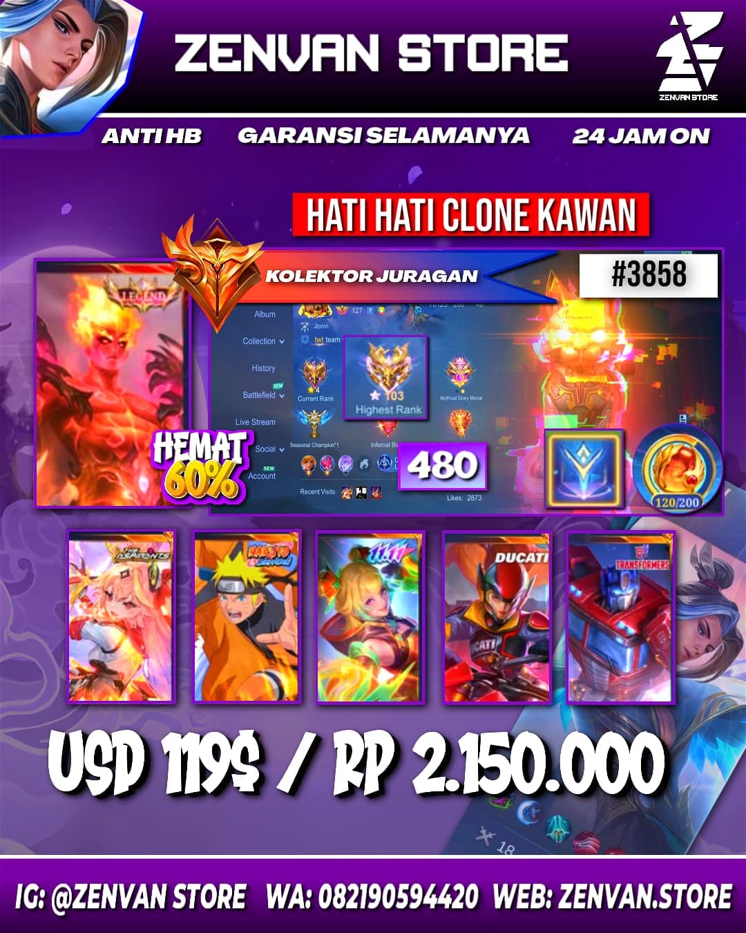 #3858 🔥 480 Skins 🔥 Legend Valir 🔥 Collector Natalia 🔥 Naruto 🔥 11.11 Wanwan 🔥 Aspirant Guinevere