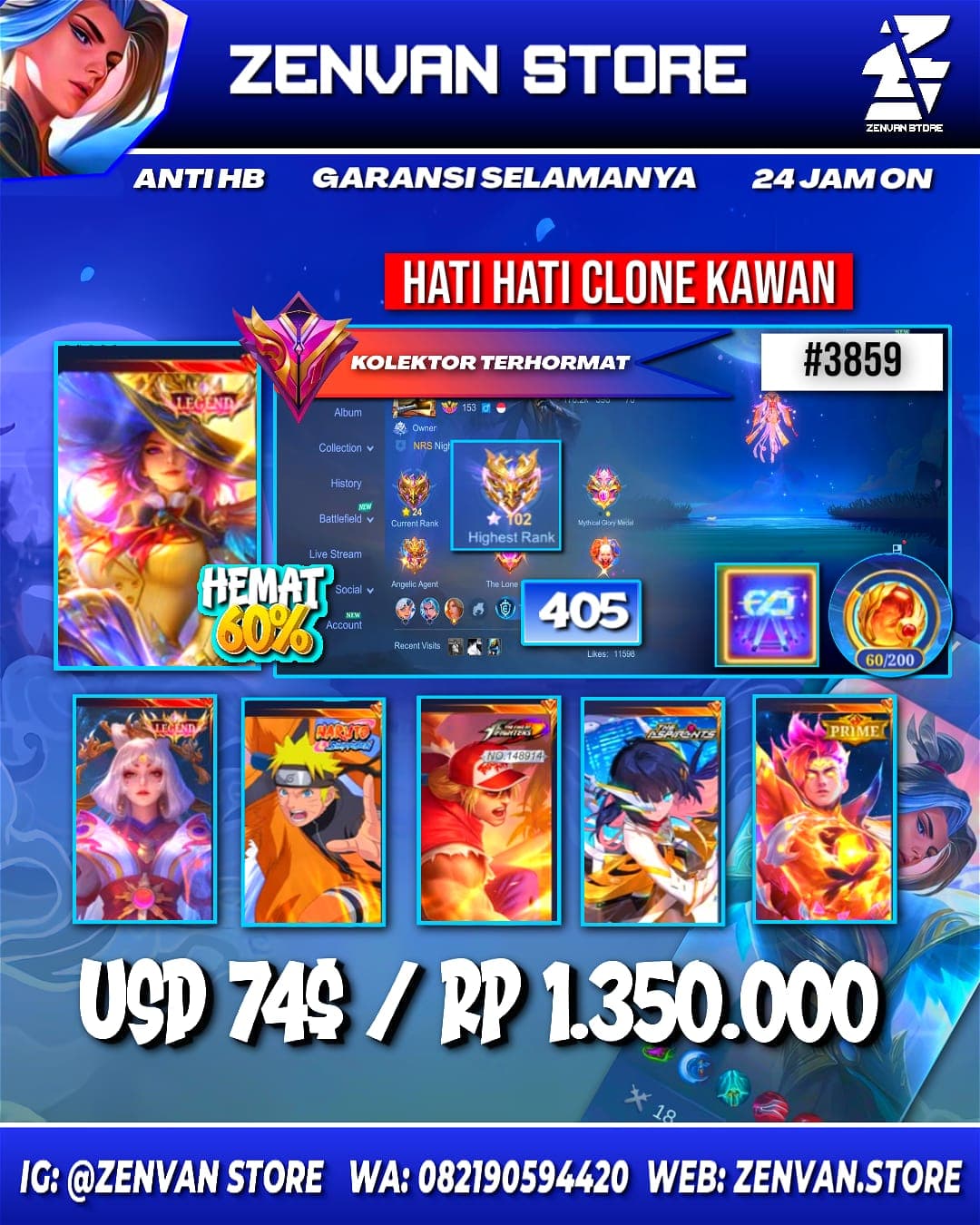 #3859 🔥 405 Skins 🔥 Legend Lesley & Lunox 🔥 Collector Natalia 🔥 Naruto 🔥 Aspirant Ruby 🔥 KoF Paquito & Karina