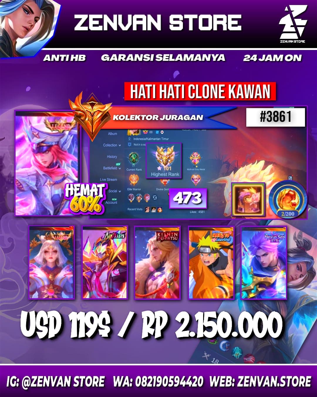 #3861 🔥 473 Skins 🔥 Legend Freya & Lunox 🔥 Collector Natalia 🔥 Kinsin Lance 🔥 Neobeast Fredrin 🔥 Zero Roger & Ixia