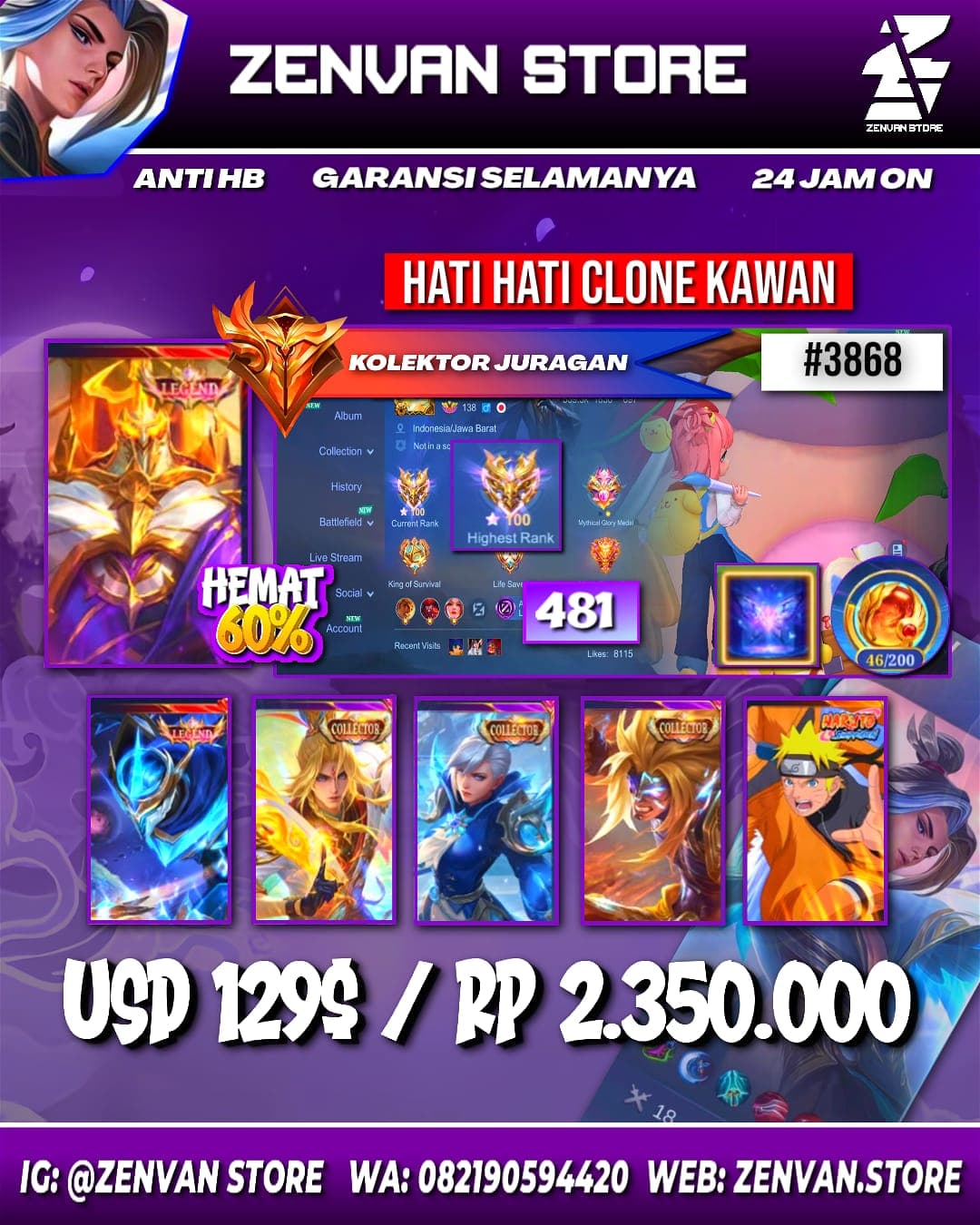 #3868 🔥 481 Skins 🔥 Legend Gusion 🔥 Collector Badang, Xavier & Silvana 🔥 Naruto 🔥 Aspirant Guinevere, Lesley & Angela 🔥