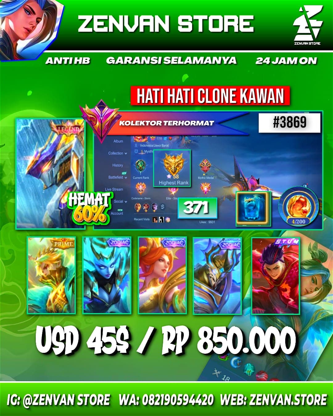 #3869 🔥 371 Skins 🔥 Legend Saber 🔥 Prime Granger 🔥 SpongeBob 🔥 Stun Chou 🔥 KoF Karina 🔥 Transformer Roger 🔥