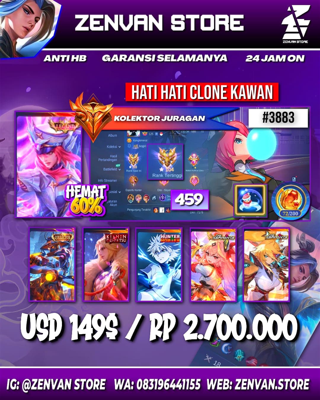 #3883 🔥 459 Skins 🔥 Legend Freya 🔥 Collector Yin Shun Shin & Natalia 🔥 Kinsin Lance 🔥 HunterxHunter Killua & Gon 🔥