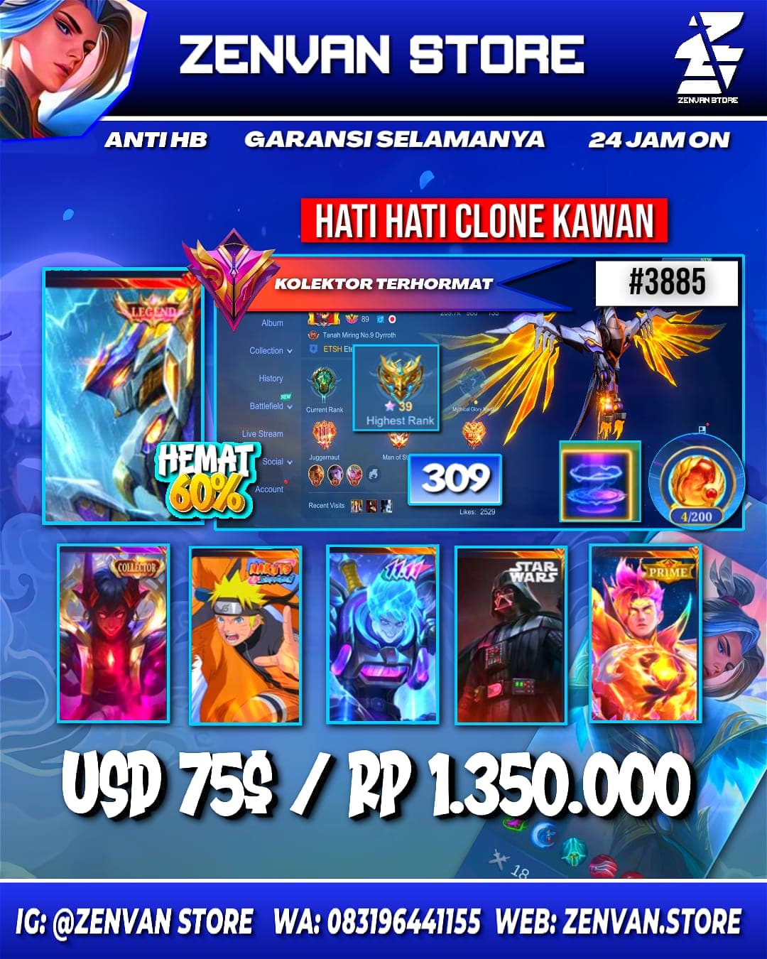 #3885 🔥 309 Skins 🔥 Legend Saber 🔥 Collector Dyrot & Natalia 🔥 Naruto 🔥 11.11 X Borg 🔥 Prime Claude 🔥
