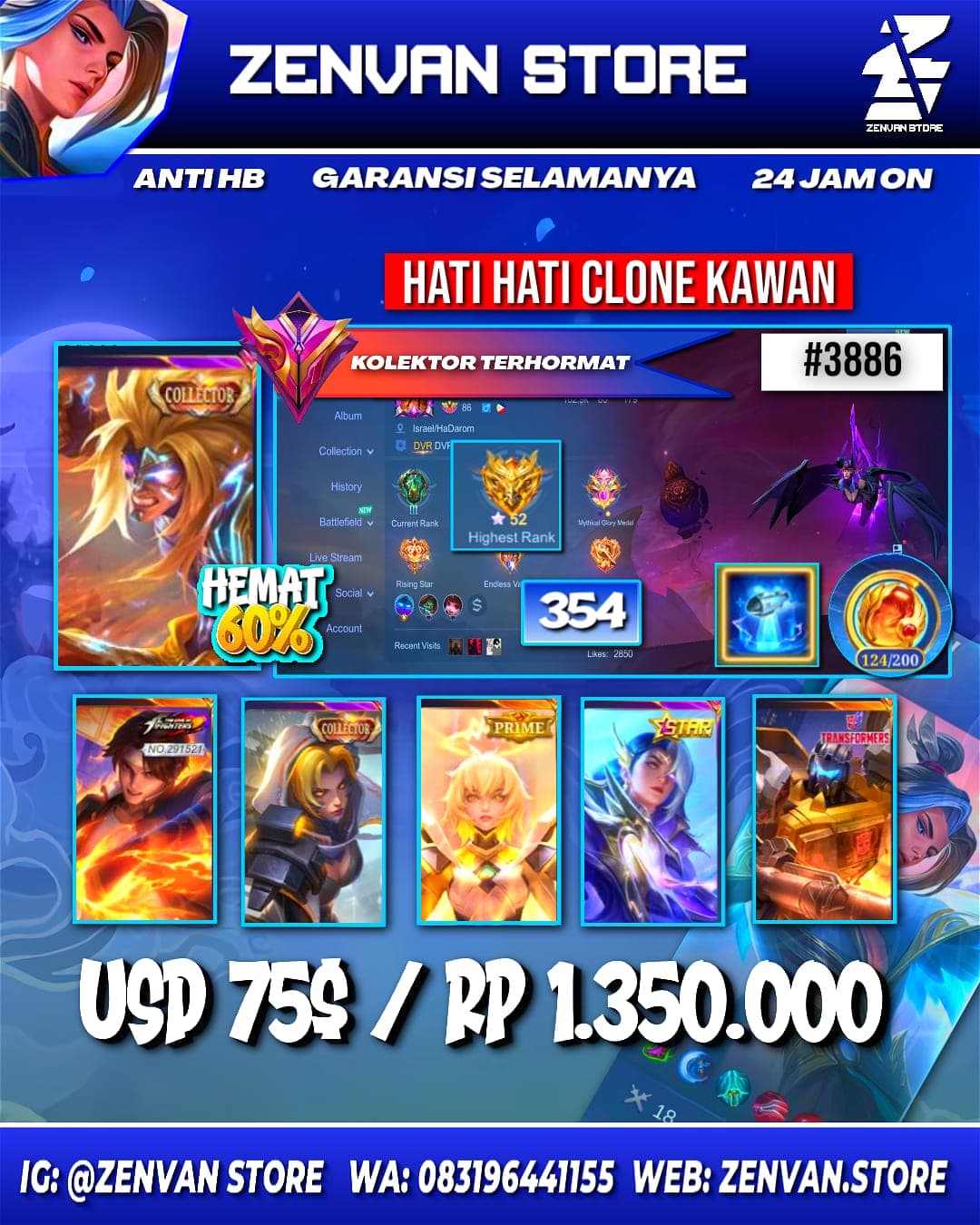 #3886 🔥 354 Skins 🔥 Collector Badang & Natalia 🔥 KoF Valir & Karina 🔥 Prime Beatrix 🔥 M World Ling 🔥